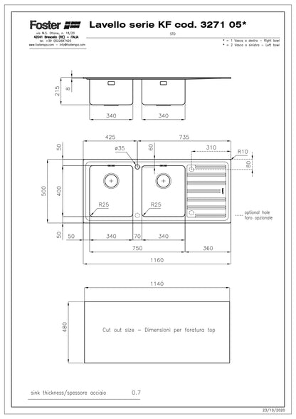 FOSTER KF 3271052 Lavello Cucina 2 Vasche Sinistra Gocciolatoio Destra Incasso Sopratop Inox cm. 116x50