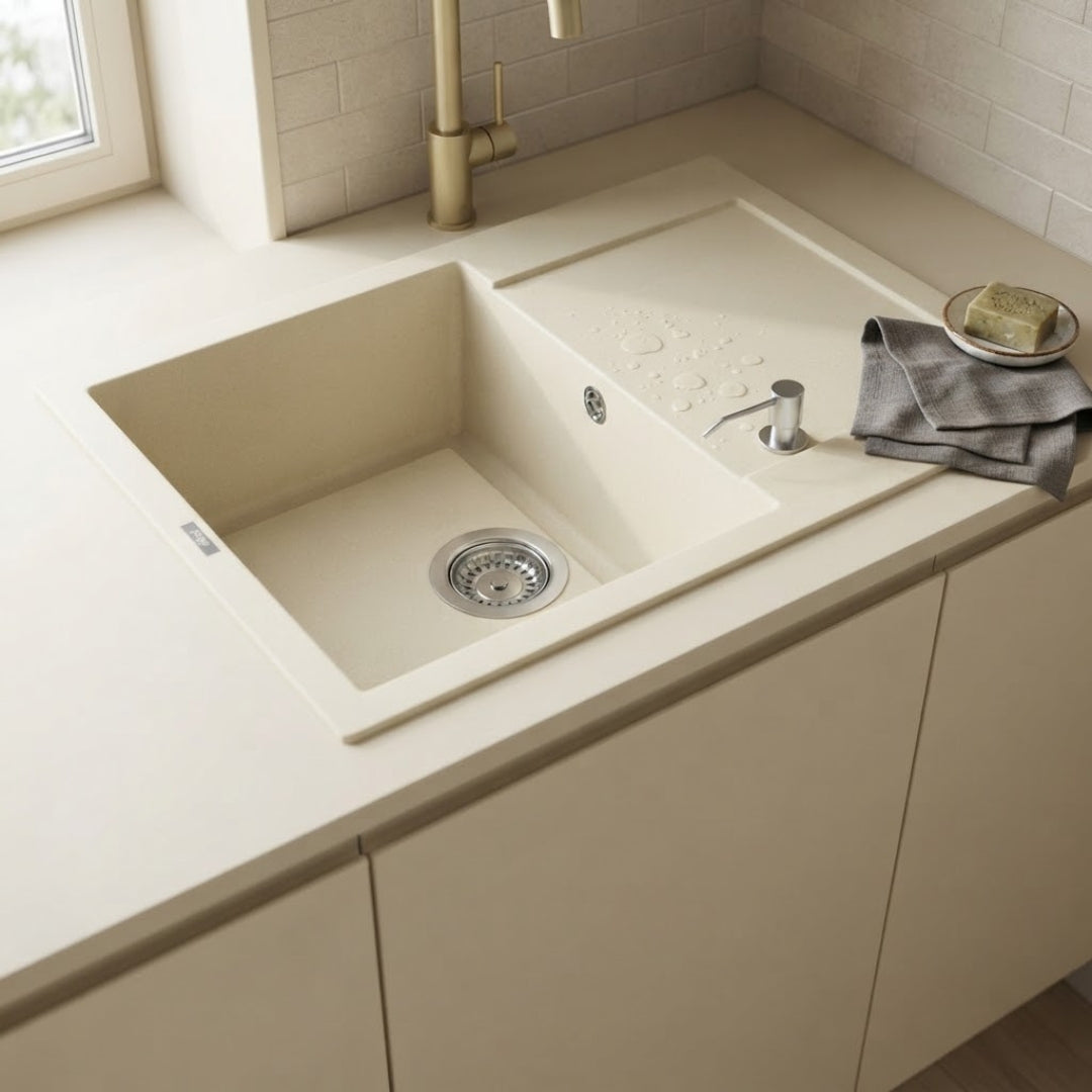 Elleci Easy 135 LGY13562 Lavello 1 Vasca con Gocciolatoio Reversibile Sopratop Granitek Bianco Antico cm.  68 x 50