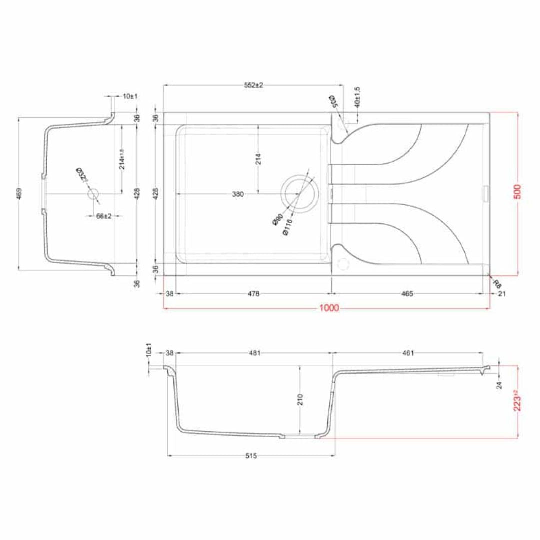 ELLECI EGO 480 LGE48059 Lavello Incasso Sopratop 1 Vasca Granitek Antracite  cm. 100 x 50