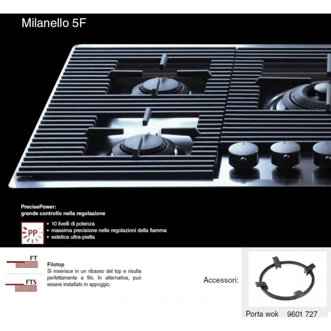 FOSTER MILANELLO 7682008 Piano Cottura Gas Incasso 5 Fuochi Bronzo Griglie Ghisa cm. 80 x 51
