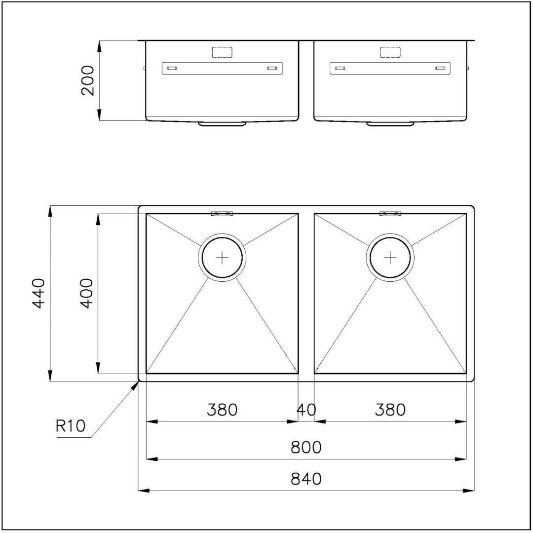Foster Quadra 1221050 Lavello 2 Vasche Incasso Sopratop/Filotop Acciaio Inox Spazzolato cm. 84 x 44