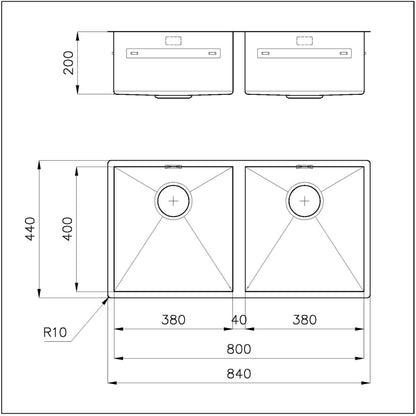 Foster Quadra 1221050 Lavello 2 Vasche Incasso Sopratop/Filotop Acciaio Inox Spazzolato cm. 84 x 44