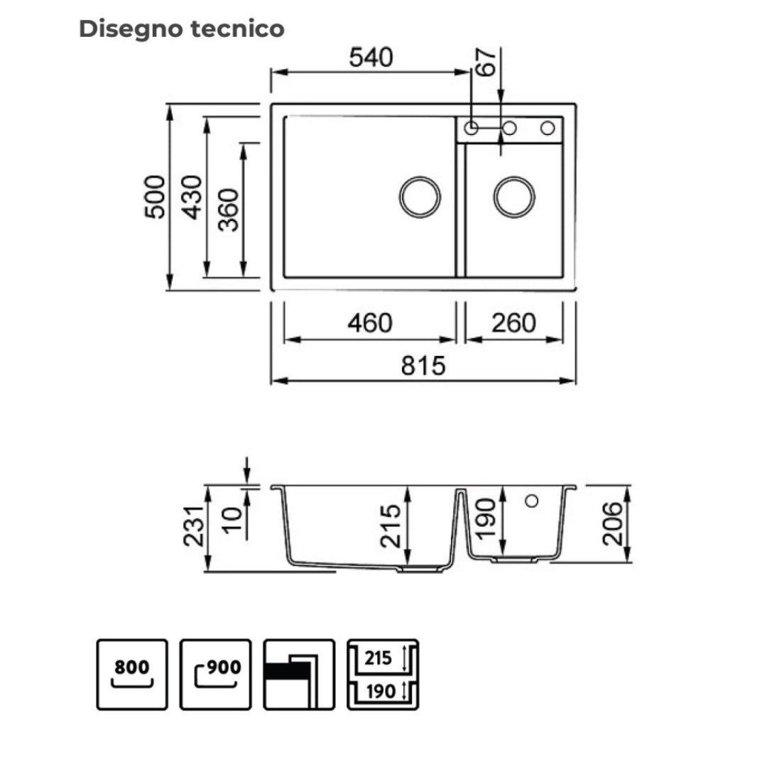 Elleci QUADRA 440 LGQ44068 Lavello Incasso Sopratop 2 Vasche Granitek Bianco Titano mm. 815 x 500