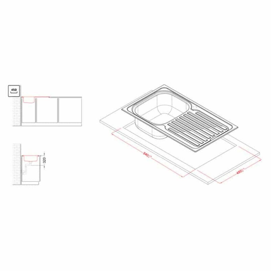 ELLECI LIK400SACSX Sky 400 Lavello Incasso 1 Vasca Gocciolatoio Destra cm. 86 x 51