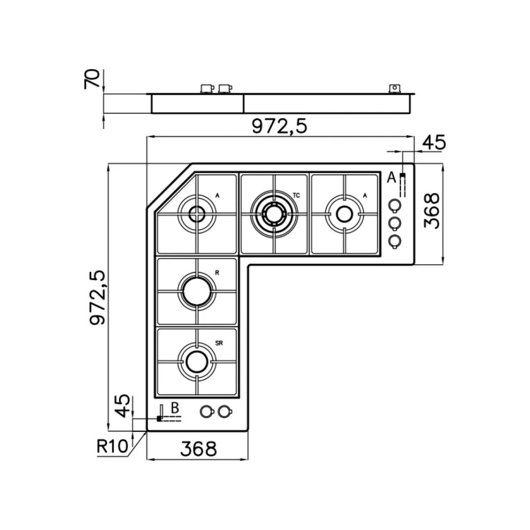 Foster 7238042 Quadra Angolare Piano Cottura Gas Filotop in Acciaio Inox Spazzolato cm. 97 x 97
