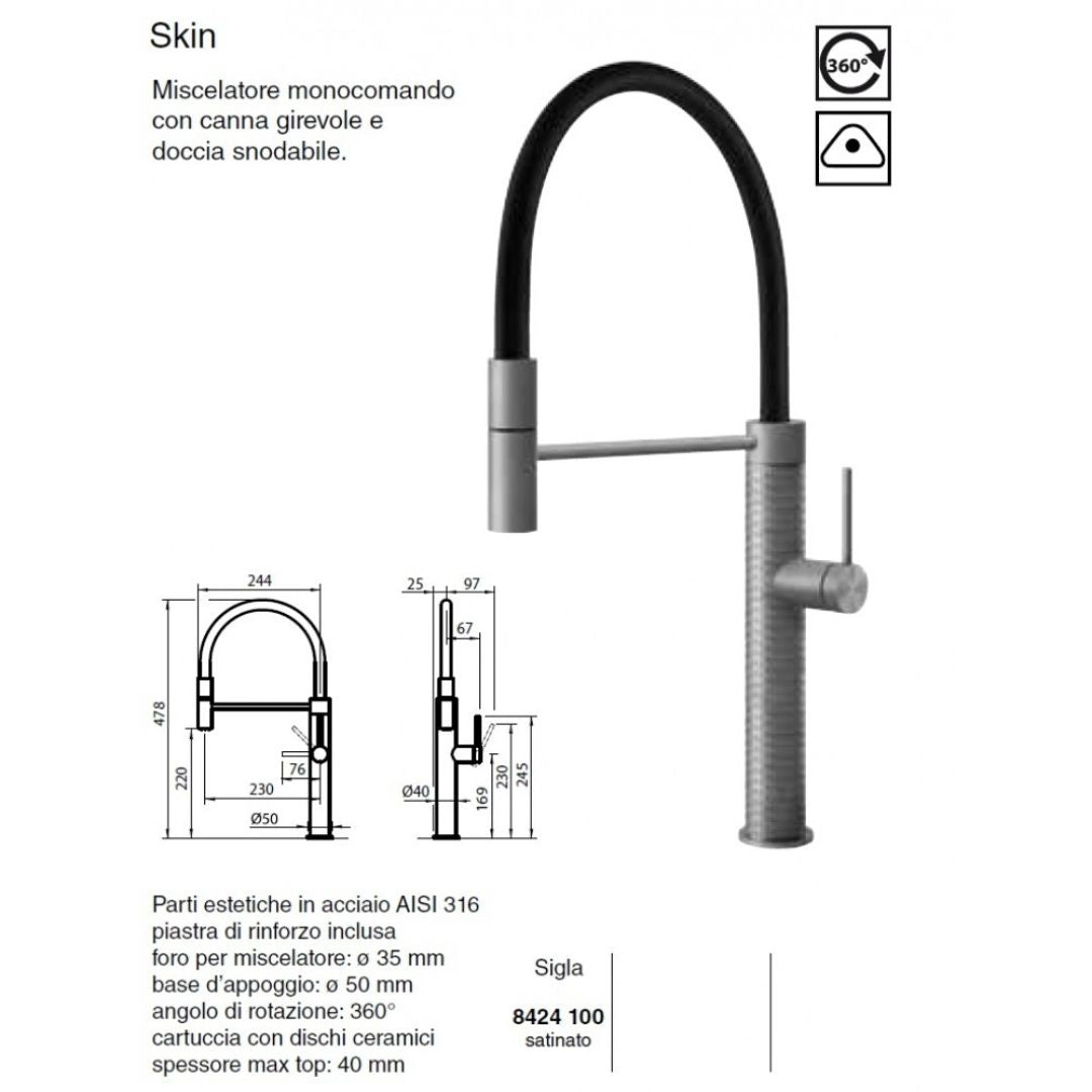 Foster Marine Skin 8424100 Miscelatore Inox Satinato Girevole Doccia Estraibile
