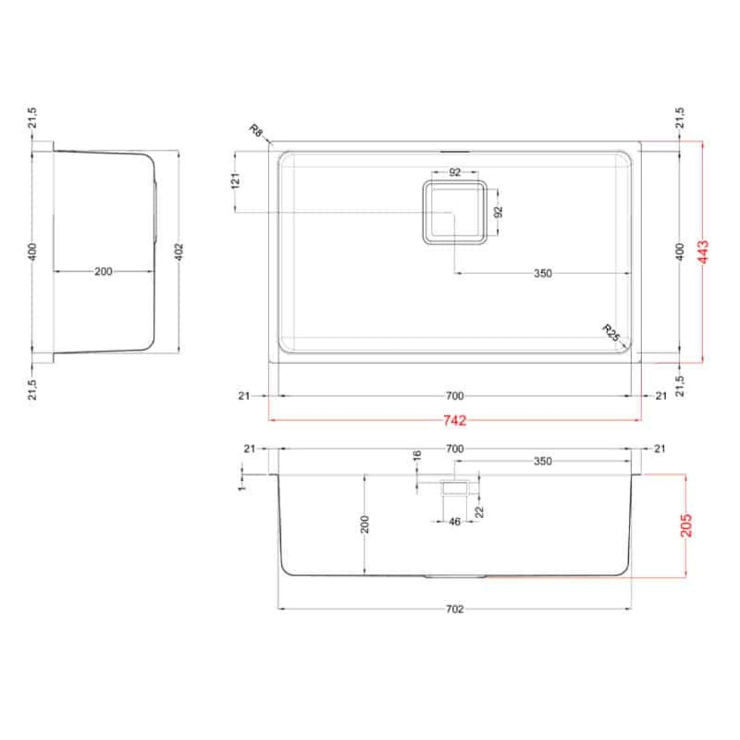 ELLECI LIW700SACMU W-SQUARE 700 Lavello 1 Vasca Inox Satinato cm. 74,2 x 44,3