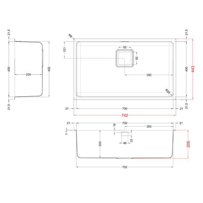 ELLECI LIW700SACMU W-SQUARE 700 Lavello 1 Vasca Inox Satinato cm. 74,2 x 44,3
