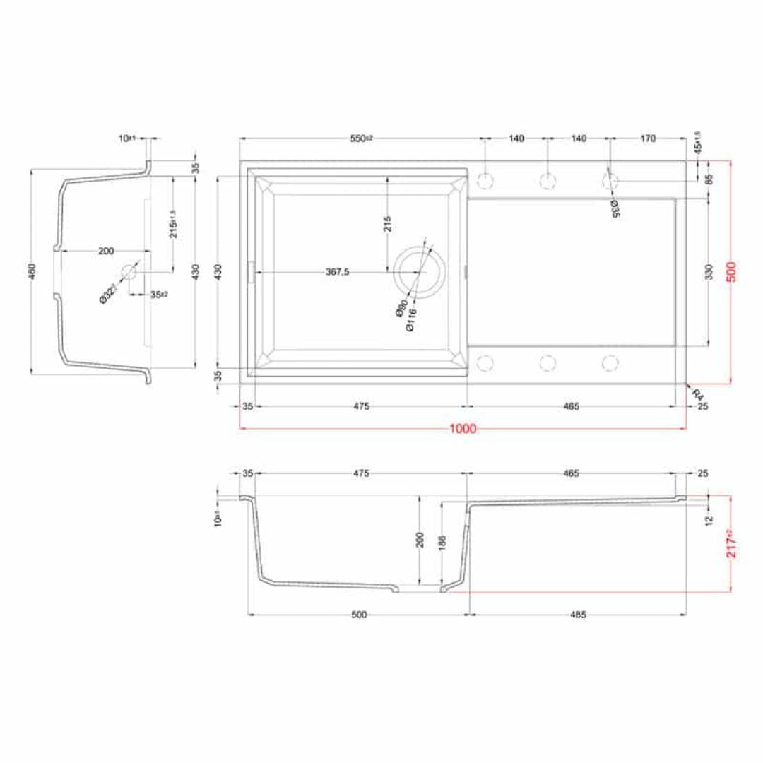 ELLECI EASY 480 LGY48059 Lavello 1 Vasca Gocciolatoio Reversibile Granitek Antracite cm. 100 x 50