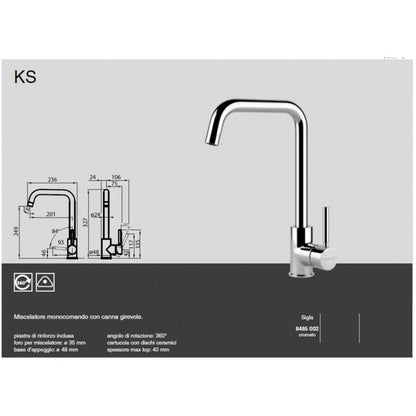 FOSTER KS 8485002 Miscelatore Monocomando Cucina Cromato con Canna Girevole 360°