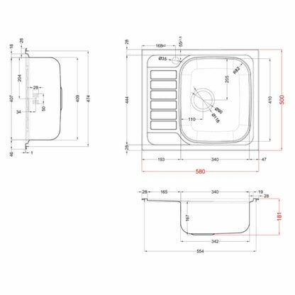 ELLECI SKY 125 LIX125SACDX Lavello Incasso 1 Vasca Gocciolatoio Sinistra Inox Satinato cm. 58 x 50