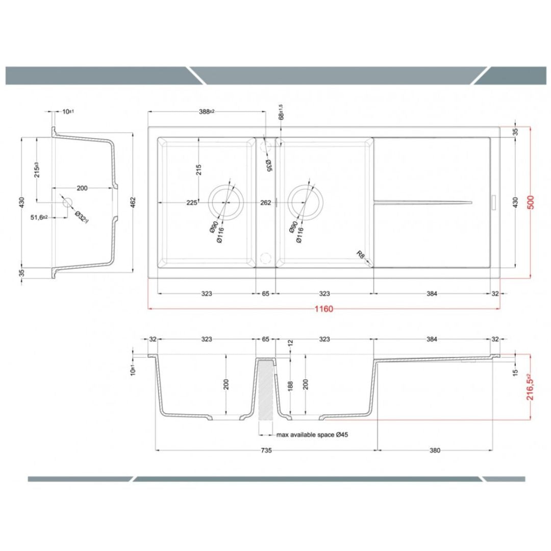 ELLECI UNICO 500 LGU50059 Lavello 2 Vasche con Gocciolatoio Reversibile Sopratop Granitek Antracite 59 cm. 116 x 50