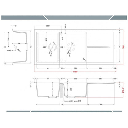 ELLECI UNICO 500 LGU50059 Lavello 2 Vasche con Gocciolatoio Reversibile Sopratop Granitek Antracite 59 cm. 116 x 50
