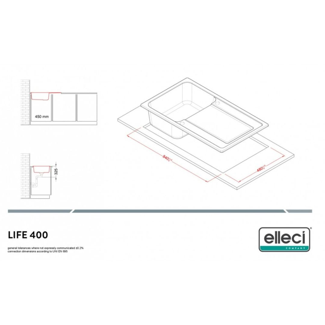 ELLECI LIFE 400 LG240059 Lavello da Incasso 1 Vasca con Gocciolatoio Reversibile Granitek Antracite 59 cm. 86 x 50