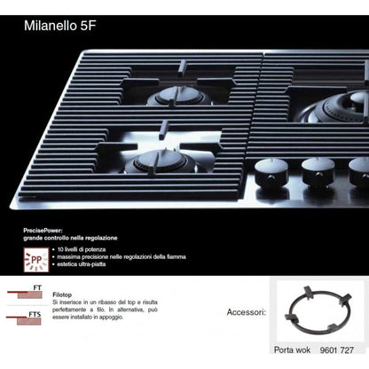 FOSTER MILANELLO 7682009 Piano Cottura a Gas da Incasso 5 Fuochi PVD Oro con Griglie in Ghisa cm. 80 x 51