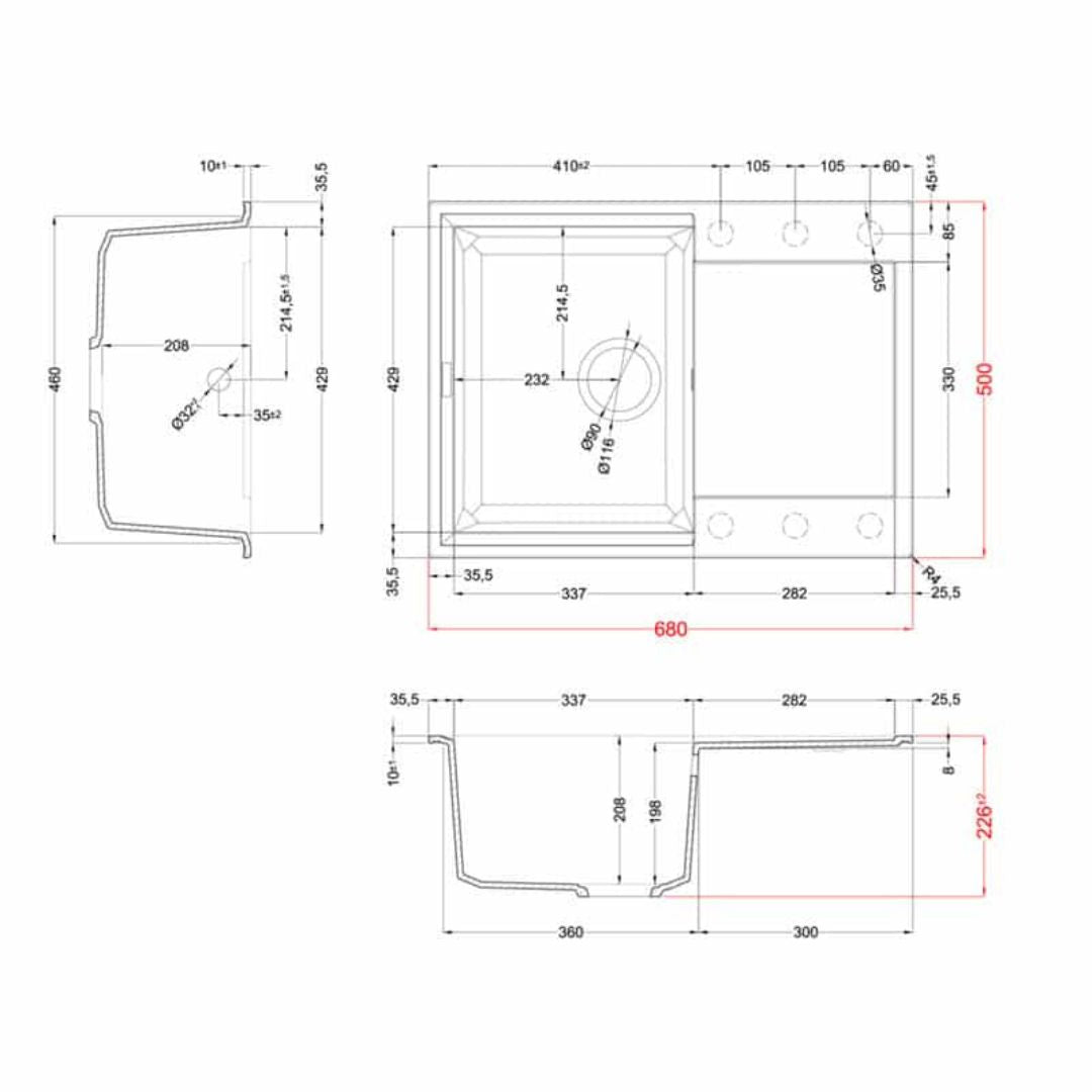 ELLECI EASY 135 LGY13559 Lavello da Incasso 1 Vasca con Gocciolatoio Reversibile Granitek® Antracite cm. 68 x 50