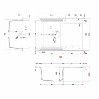 ELLECI EASY 135 LGY13559 Lavello da Incasso 1 Vasca con Gocciolatoio Reversibile Granitek® Antracite cm. 68 x 50