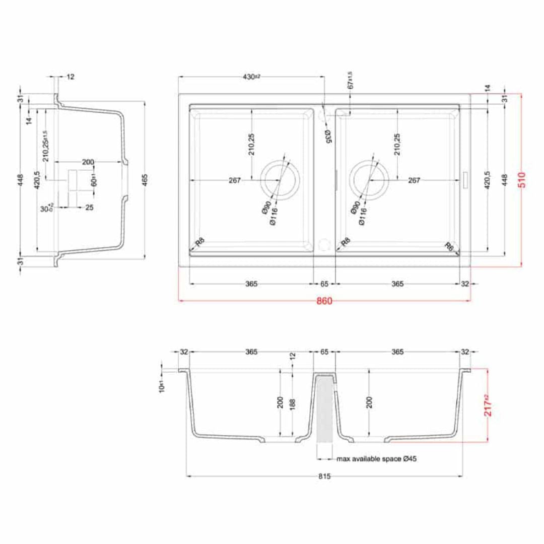 ELLECI BEST 450 LGB45059 Lavello 2 Vasche Reversibili Sopratop Antracite Granitek cm. 86 x 51