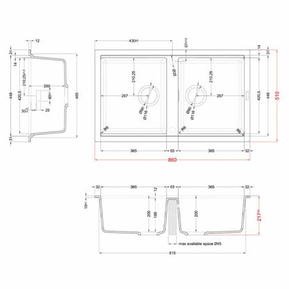 ELLECI BEST 450 LGB45059 Lavello 2 Vasche Reversibili Sopratop Antracite Granitek cm. 86 x 51