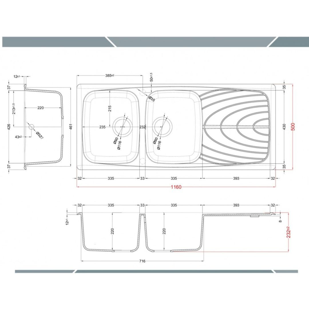 ELLECI MASTER 500 LGM50062 Lavello 2 Vasche Gocciolatoio Reversibile Granitek Bianco cm. 116 x 50