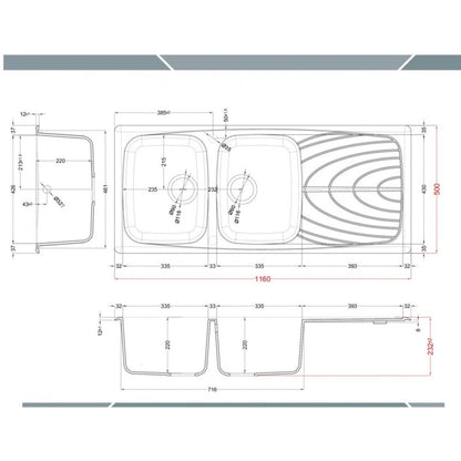 ELLECI MASTER 500 LGM50062 Lavello 2 Vasche Gocciolatoio Reversibile Granitek Bianco cm. 116 x 50