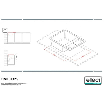 Elleci Unico 125 LGU12562 Lavello 1 Vasca con Gocciolatoio Reversibile Sopratop Granitek Bianco Antico cm. 65 x 50