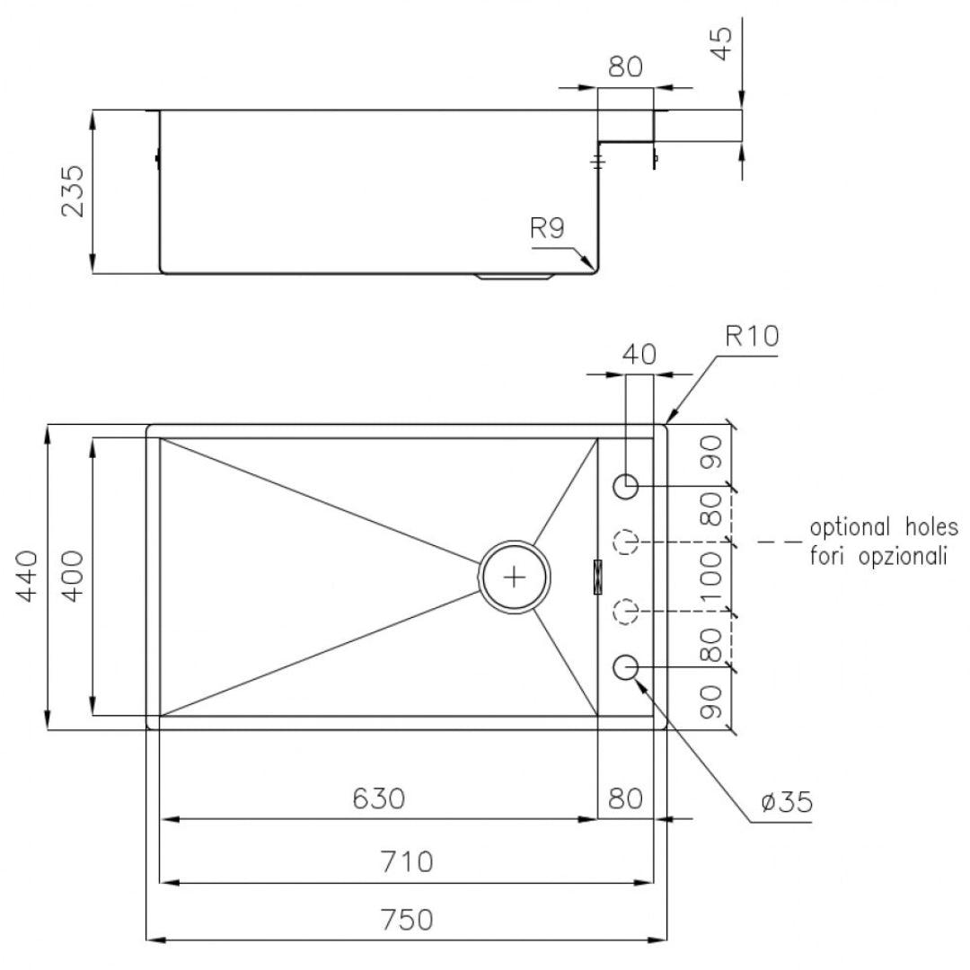 Foster Quadra 1237050 Lavello 1 Vasca Incasso Sopratop Filotop Acciaio Inox Spazzolato cm. 75 x 44