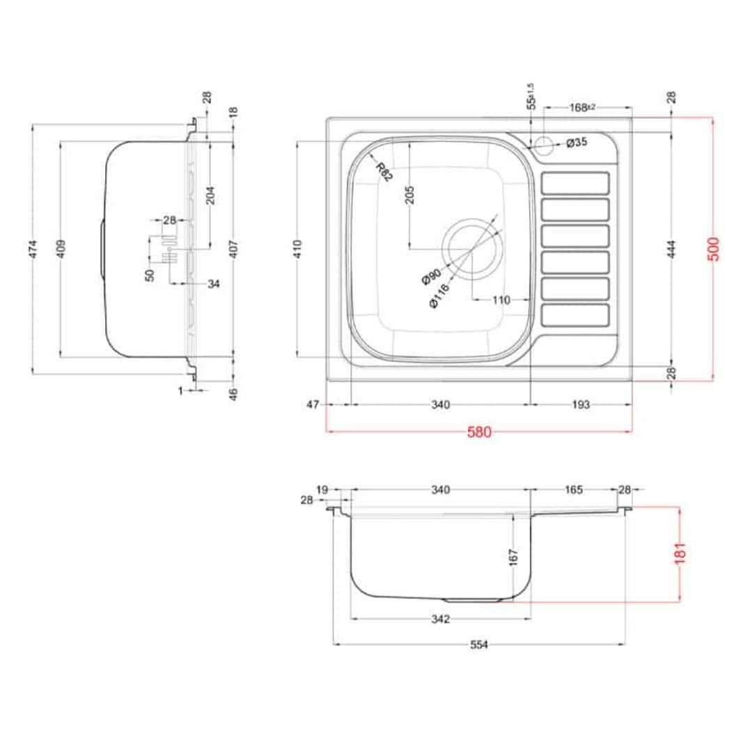 ELLECI LIX125SACSX Lavello Cucina 1 Vasca Incasso Gocciolatoio Destra Inox cm 58x50