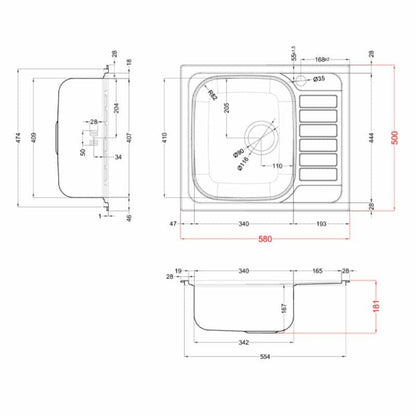 ELLECI LIX125SACSX Lavello Cucina 1 Vasca Incasso Gocciolatoio Destra Inox cm 58x50