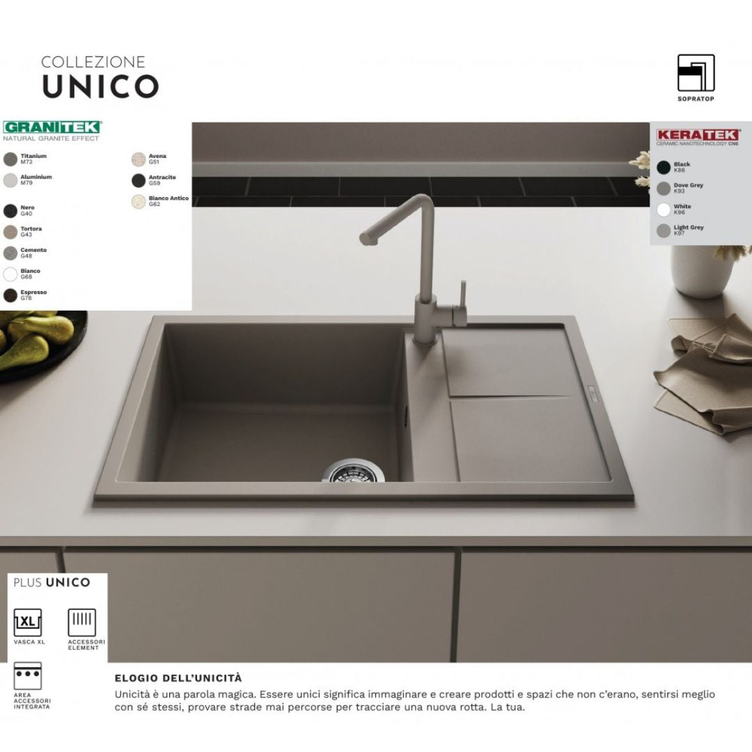 ELLECI UNICO 480 LGU48059 Lavello 1 Vasca con Gocciolatoio Reversibile Sopratop Granitek Antracite cm. 100 x 50