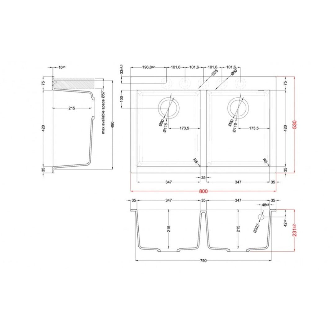 Elleci Quadra LGQ34068BTP Lavello 2 Vasche Incasso Sopratop Granitek Bianco Titano cm. 80 x 53