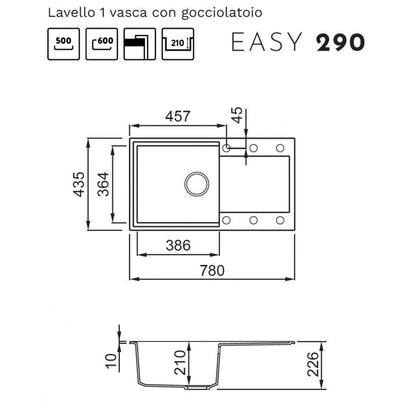 ELLECI EASY 290 LGY29051 Lavello 1 Vasca con Gocciolatoio Reversibile Sopratop Granitek Avena 51 mm. 780 x 435