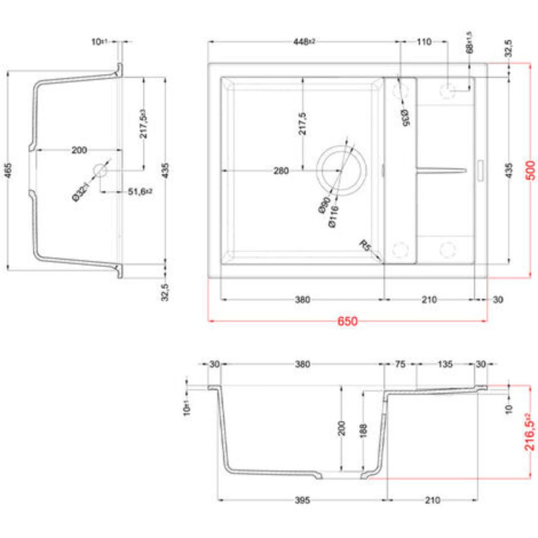 ELLECI UNICO 125 LGU12559 Lavello da Incasso 1 Vasca con Gocciolatoio Reversibile Granitek® Antracite cm. 65 x 50