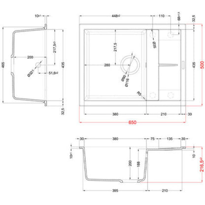 ELLECI UNICO 125 LGU12559 Lavello da Incasso 1 Vasca con Gocciolatoio Reversibile Granitek® Antracite cm. 65 x 50