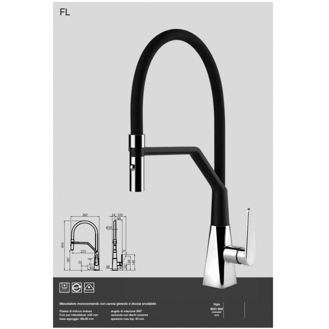 Foster FL 8521000 Miscelatore Monocomando Cucina Nero Cromato Doccia Snodabile 360° Bocca Girevole