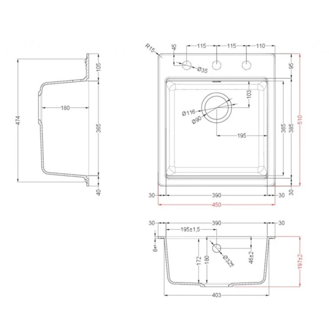 Elleci Time 102 LG210248 Lavello da Incasso Sopratop Monovasca Granitek Cemento cm. 45 X 51