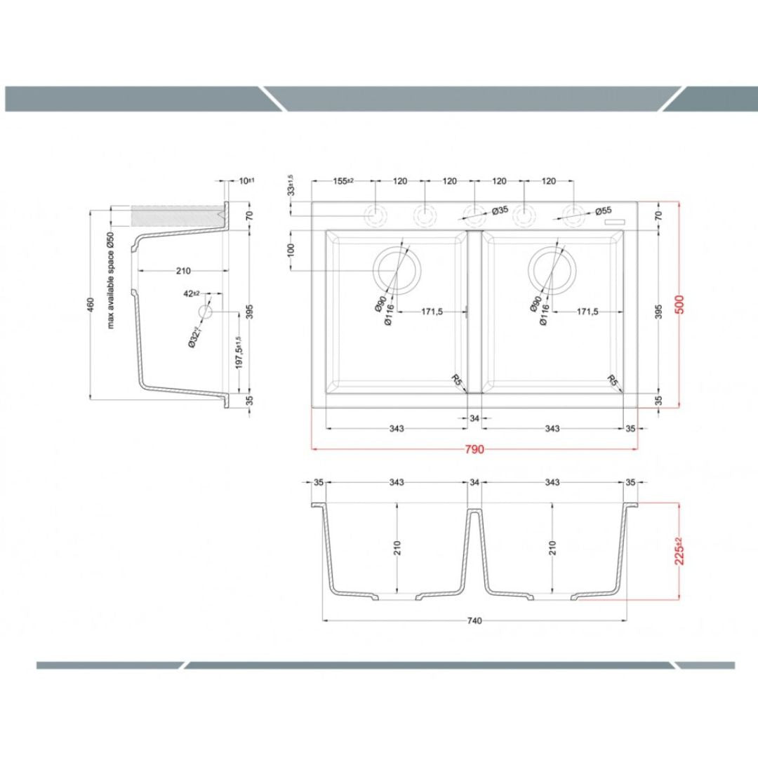 ELLECI QUADRA 350 LGQ35051 Lavello da Incasso 2 Vasche Sopratop Granitek Avena 51 cm. 79 x 50