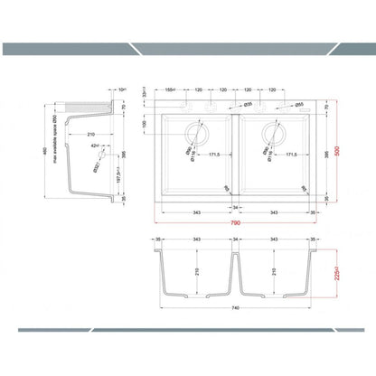 ELLECI QUADRA 350 LGQ35051 Lavello da Incasso 2 Vasche Sopratop Granitek Avena 51 cm. 79 x 50