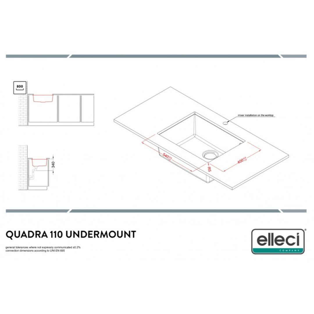 ELLECI QUADRA 110 LGQ11059BSO Lavello da Incasso 1 Vasca Sottotop Granitek Antracite 59 cm. 58 x 44
