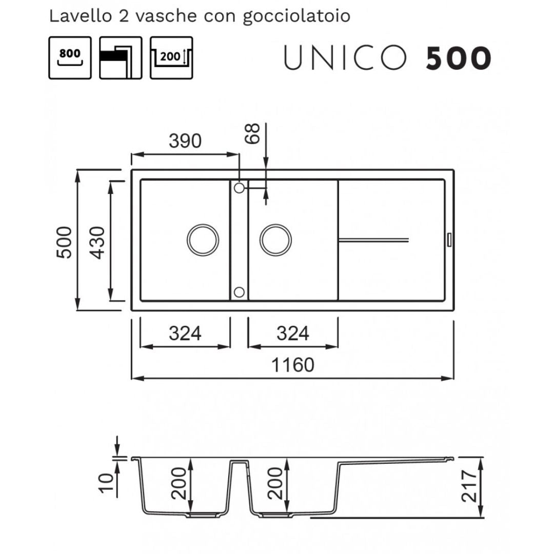 ELLECI UNICO 500 LGU50051 Lavello 2 Vasche con Gocciolatoio Reversibile Sopratop Granitek Avena 51 cm. 116 x 50