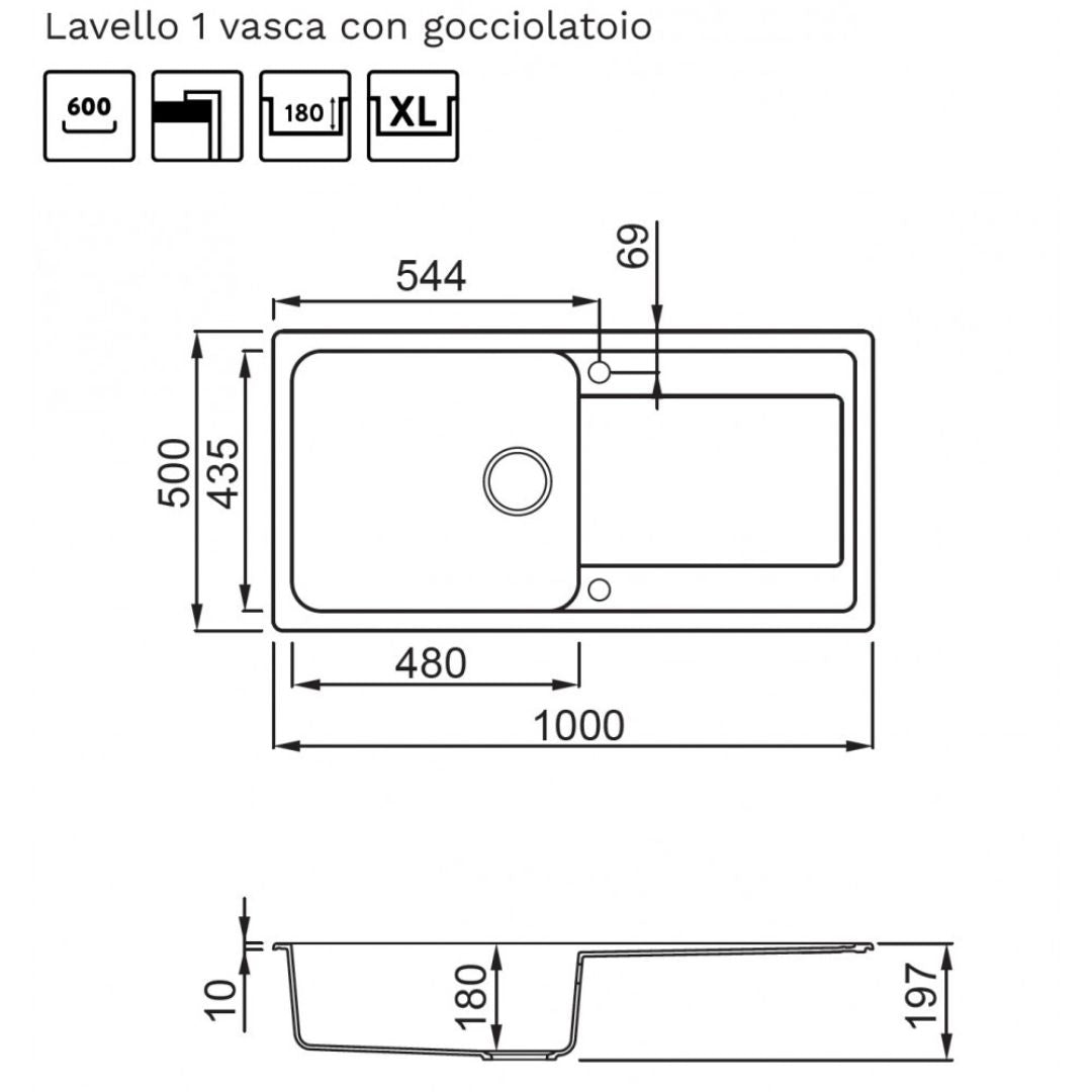 ELLECI LIFE 480 LG248051 Lavello da Incasso 1 Vasca grande con Gocciolatoio Reversibile Granitek Avena 51 cm. 100 x 51