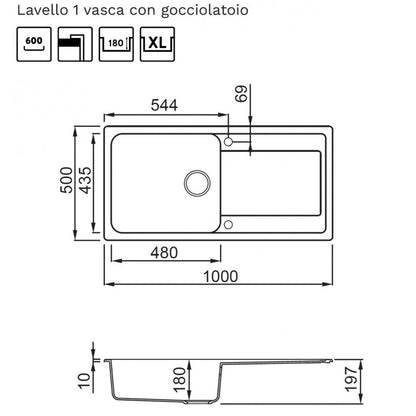 ELLECI LIFE 480 LG248051 Lavello da Incasso 1 Vasca grande con Gocciolatoio Reversibile Granitek Avena 51 cm. 100 x 51
