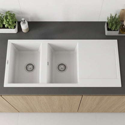 Elleci Easy 500 LGY50068 Lavello 2 Vasche con Gocciolatoio Reversibile Sopratop Granitek Bianco Titano cm. 116 x 50