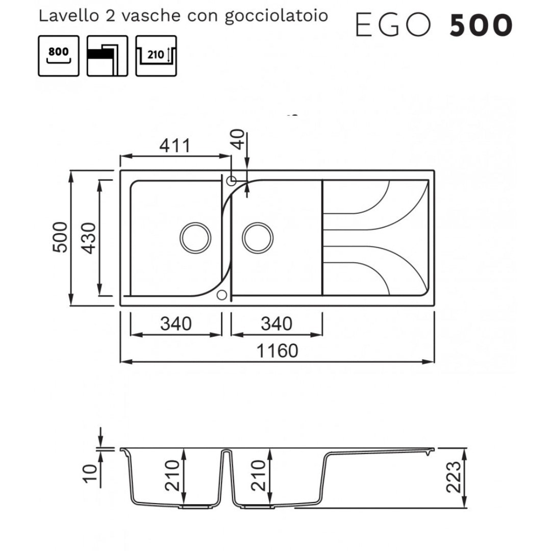 Elleci Ego 500 LGE50062 Lavello 2 Vasche con Gocciolatoio Reversibile Sopratop Granitek Classic Bianco Antico cm. 116 x 50