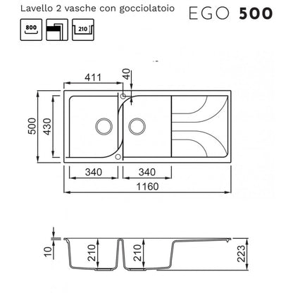 Elleci Ego 500 LGE50062 Lavello 2 Vasche con Gocciolatoio Reversibile Sopratop Granitek Classic Bianco Antico cm. 116 x 50