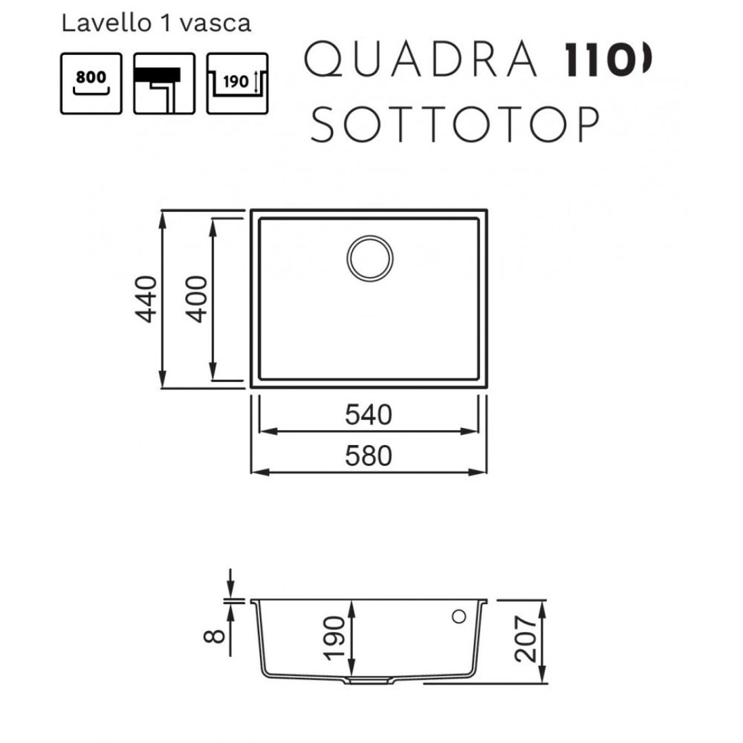 Elleci LGQ11051BSO Lavello Incasso Sottotop Quadra 1 Vasca Avena cm. 58x44