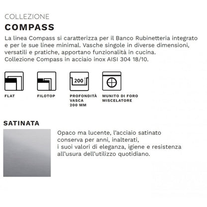 ELLECI COMPASS LIM400SAC Lavello Incasso 1 Vasca Inox Satinato Flat e Filotop cm 44 x 51