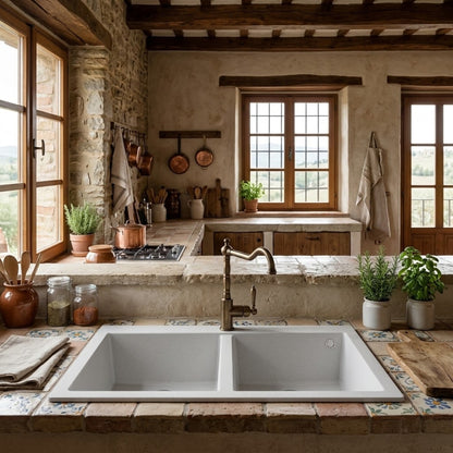 Elleci Quadra LGQ34068BTP Lavello 2 Vasche Incasso Sopratop Granitek Bianco Titano cm. 80 x 53