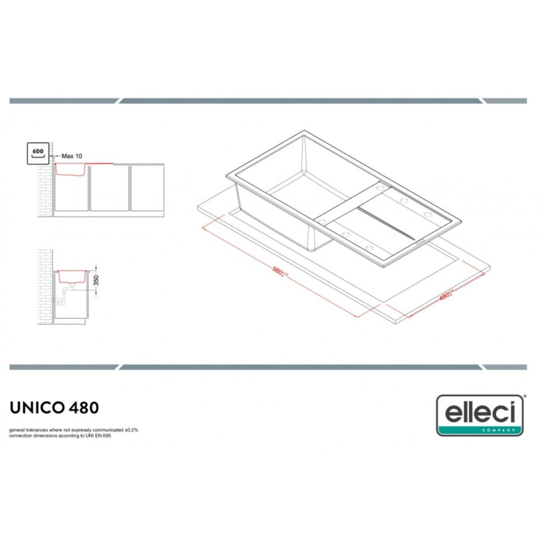 Elleci Unico 480 LGU48068 Lavello 1 Vasca con Gocciolatoio Reversibile Sopratop Granitek Bianco cm. 100 x 50