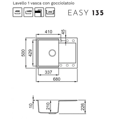 Elleci Easy 135 LGY13562 Lavello 1 Vasca con Gocciolatoio Reversibile Sopratop Granitek Bianco Antico cm.  68 x 50